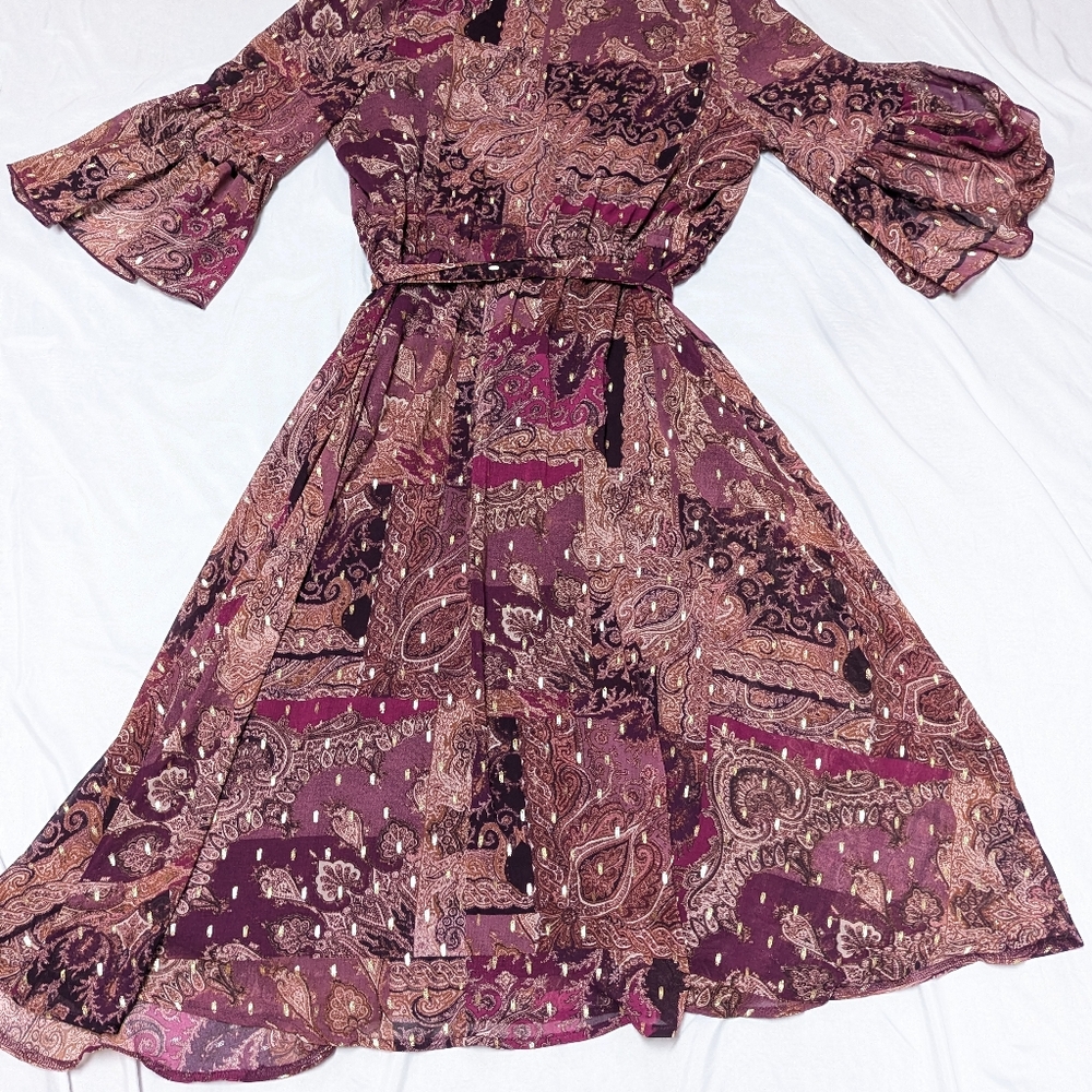 Parker & Rowe Burgandy Paisley Boho Hippie Peasant Bell Sleeve Maxi Dress Large - Picture 6 of 11